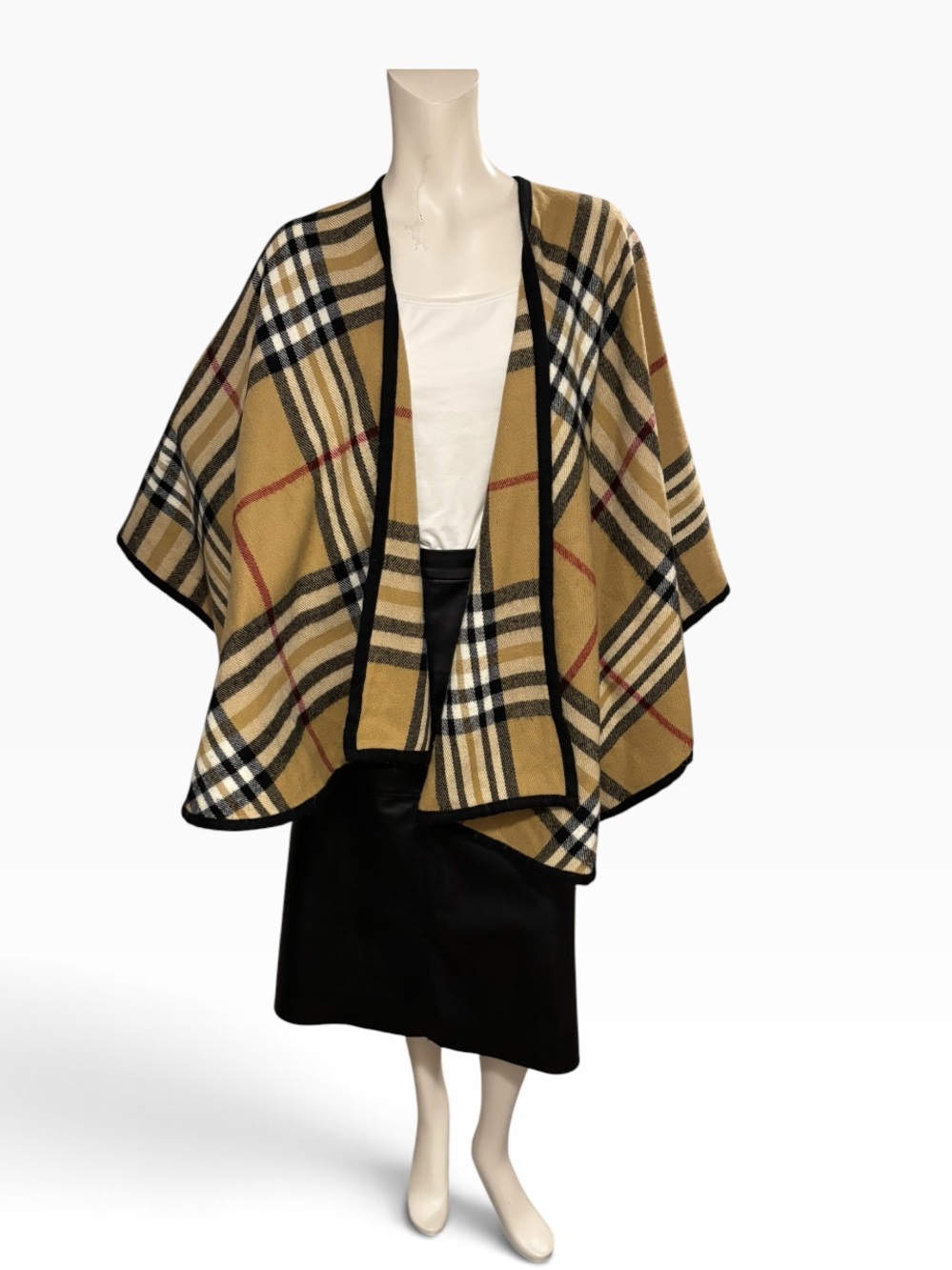 Lord & Taylor Tan Plaid Open-Front Poncho with Black Trim
